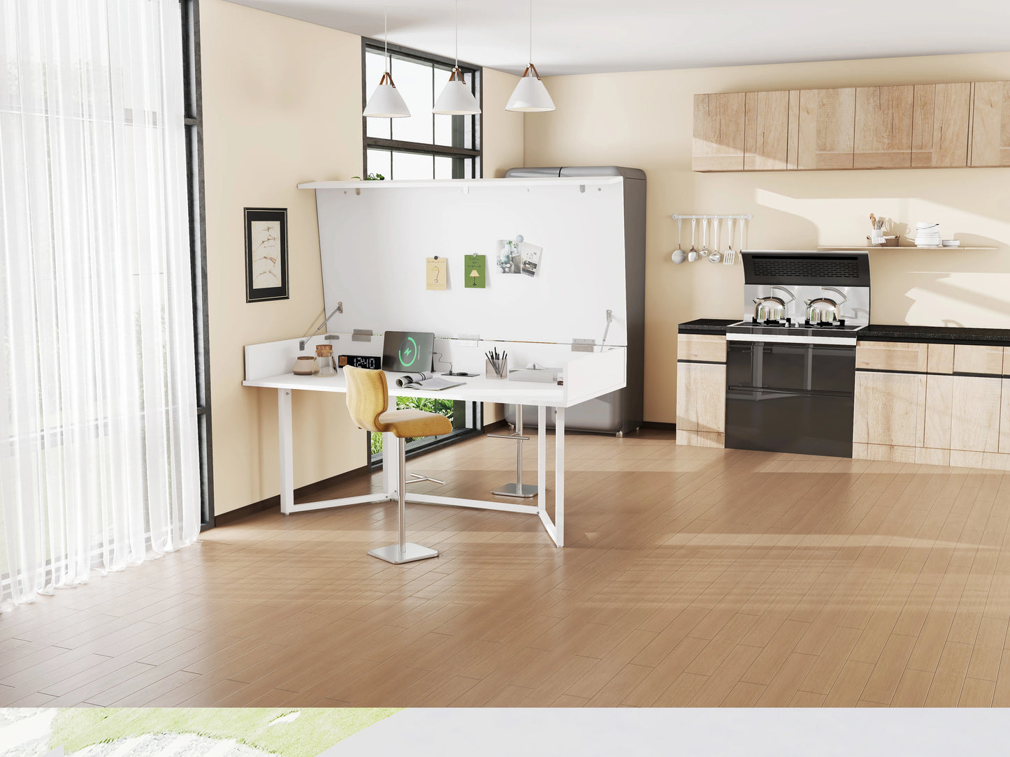 Klappbarer Schreibtisch 120×55cm – Multifunktional, faltbar, mit europäischen Steckdosen, Muschel-Design zum Verstecken des Unordnunges auf dem Schreibtisch – Geeignet