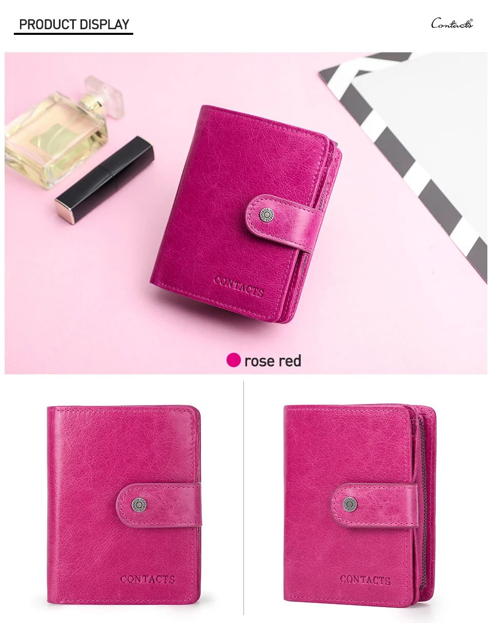 Contact'S Genuine Leather Wallets Women Men Wallet Short Small RFID Blocking Card Holder Wallets Ladies Red Coin Purse