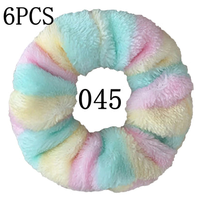 6pc Hair Scrunchies Furry Elastic Band Women Girl Ponytail Holder Rubber Ties Accessories Plush Faux Fur Soft Chiffon Headband