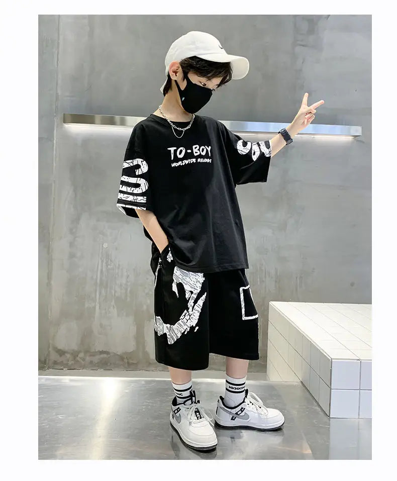 Boys Summer Trendy Casual Sports 2pcs T-shirts+Pants Suits 3-14 Years Teenage Boys Hip Hop Style Fashion Outfits Clothes Sets