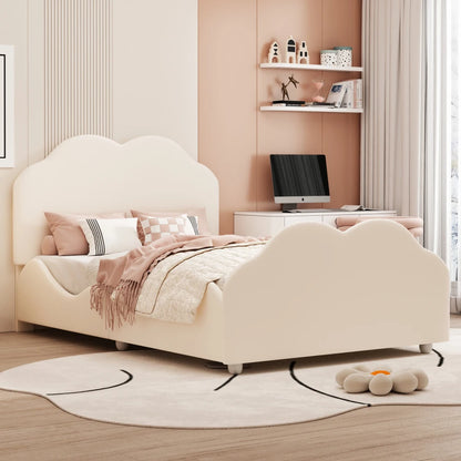 Kinderbett 90 x 200 cm hohes Geländer, Kinderbettgestell mit wolkenförmigem Kopf und Fußteil, Bett aus hautfreundlichem Samt