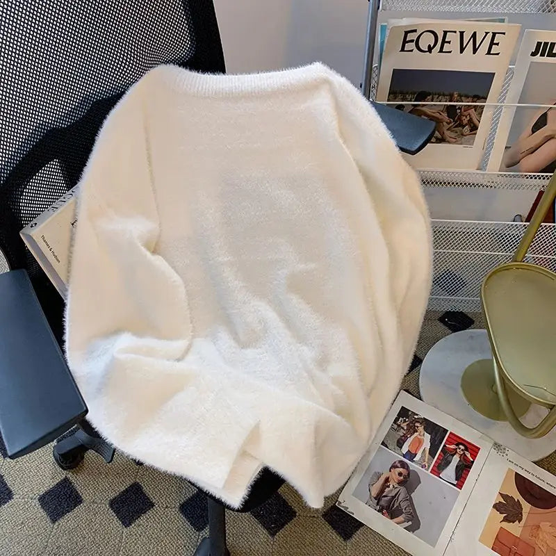 Vintage Preppy Kawaii Cartoon Jacquard Pullover Süße Harajuku Lose Grunge Pullover Y2k Ästhetische Frauen Weiße Gestrickte Pullover.