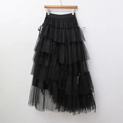 Long Maxi Tulle Skirt Women Sweet Tiered Long Skirt Autumn Winter Women Fashion Korean Mesh Skirt Female Party Skirt Clothes.