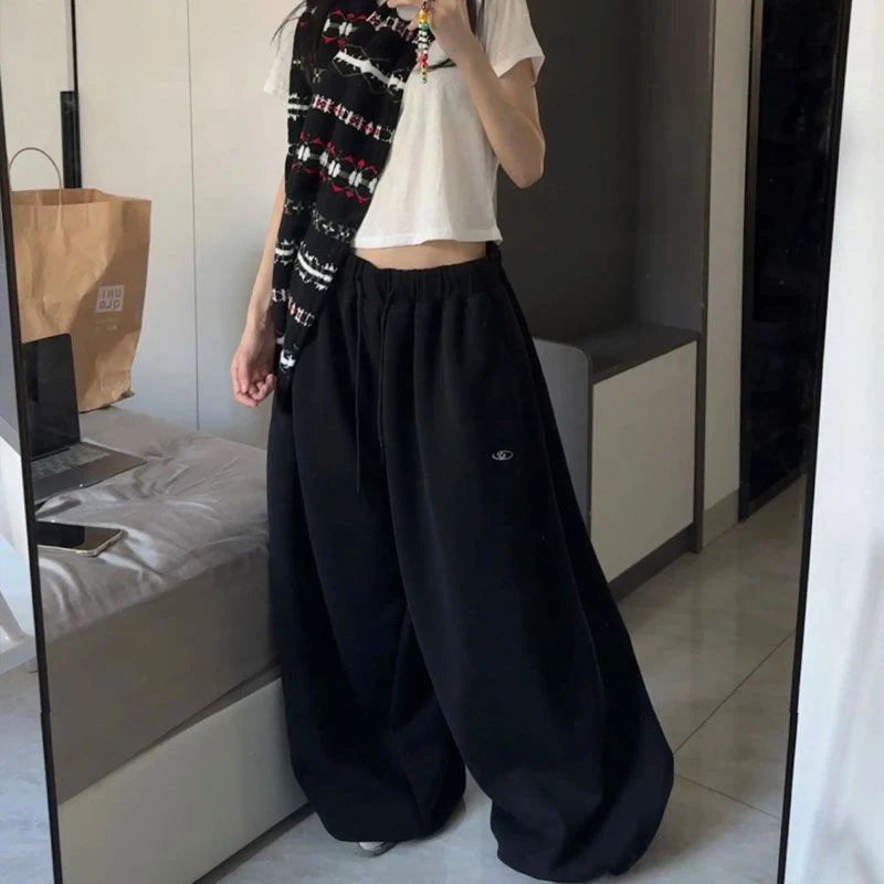Oversize Cotton Pants Woman Y2K Casual Drawstring Trousers Korean Streetwear High Waist All Match Jogger Pants Grey Sweatpants.