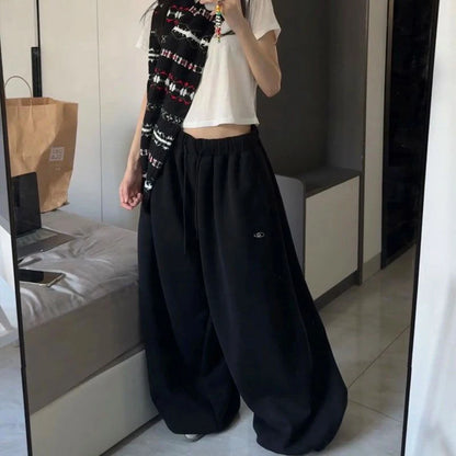Oversize Cotton Pants Woman Y2K Casual Drawstring Trousers Korean Streetwear High Waist All Match Jogger Pants Grey Sweatpants.