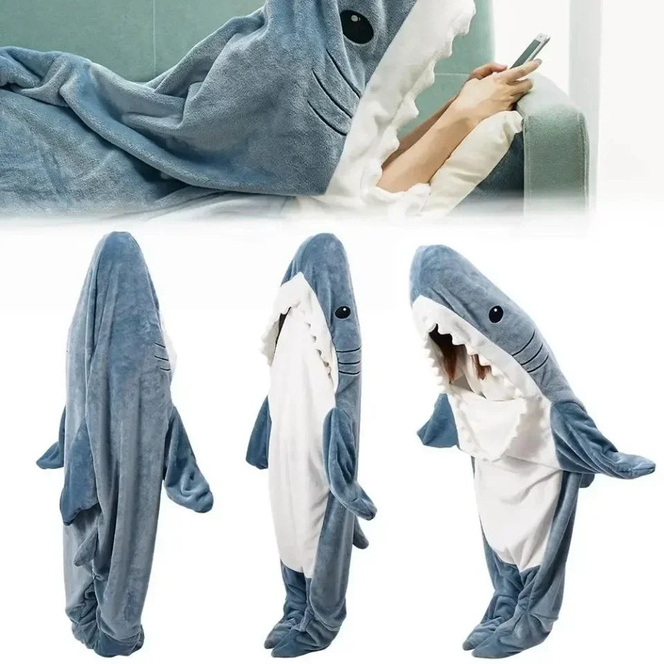 Shark Cartoon Sleeping Bag Adult Pajama Hooded Warm Flannel Blanket Funny Homewear Super Soft Onesie Sleeping Bag Winter Warm.