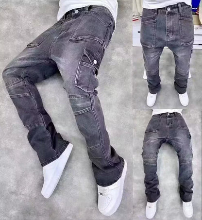 2025 Vintage Men's Jeans Distressed Vibe Bell Bottoms Clean Fit Woodworking Workwear Denim Pants For Outdoor Trade.