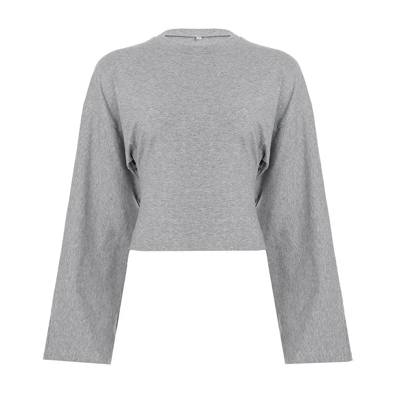 Trendix Basic Long Sleeve Crop Tops Women Summer O Neck Loose Casual Solid Pullover Top Ladies Street Party Club Fashion T Shirt