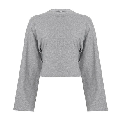 Trendix Basic Long Sleeve Crop Tops Women Summer O Neck Loose Casual Solid Pullover Top Ladies Street Party Club Fashion T Shirt