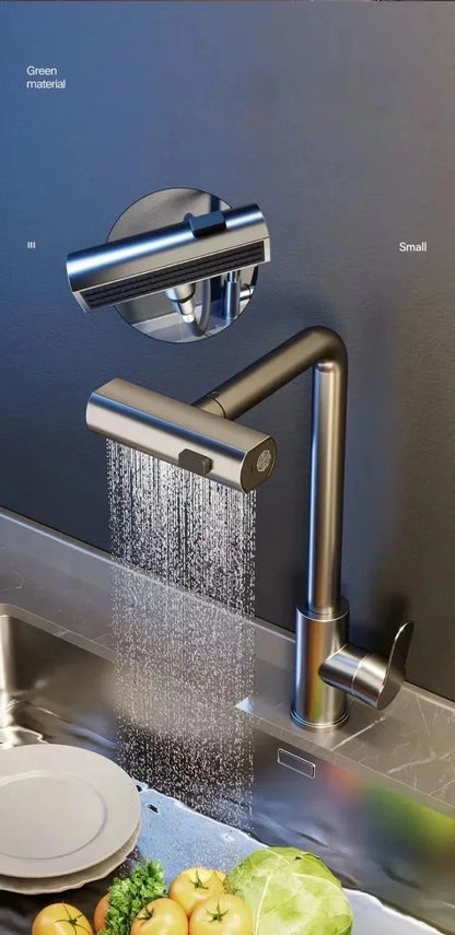 Gunmetal grey pull-out kitchen sink faucet, water flow spout, stainless steel, hot and cold water mixer, deck mounted faucet