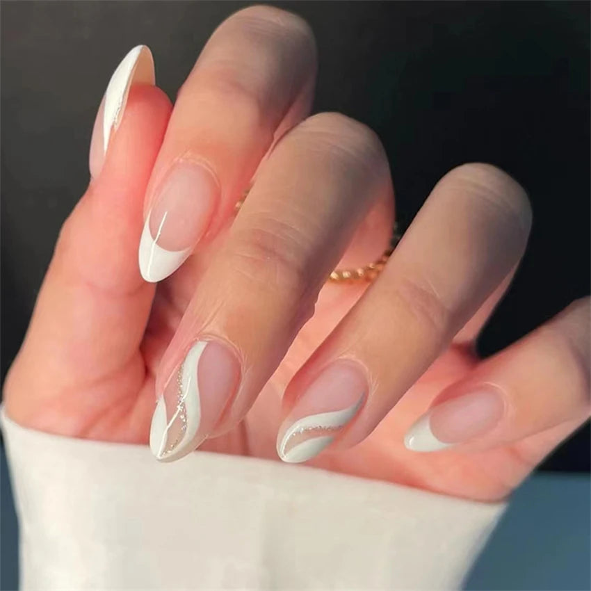 24Ps/Set White Ripple Glitter Chip Design Wearing False Nail French Full Cover Acrylic Press on Nail Almond Shape Fake Nail Tips.