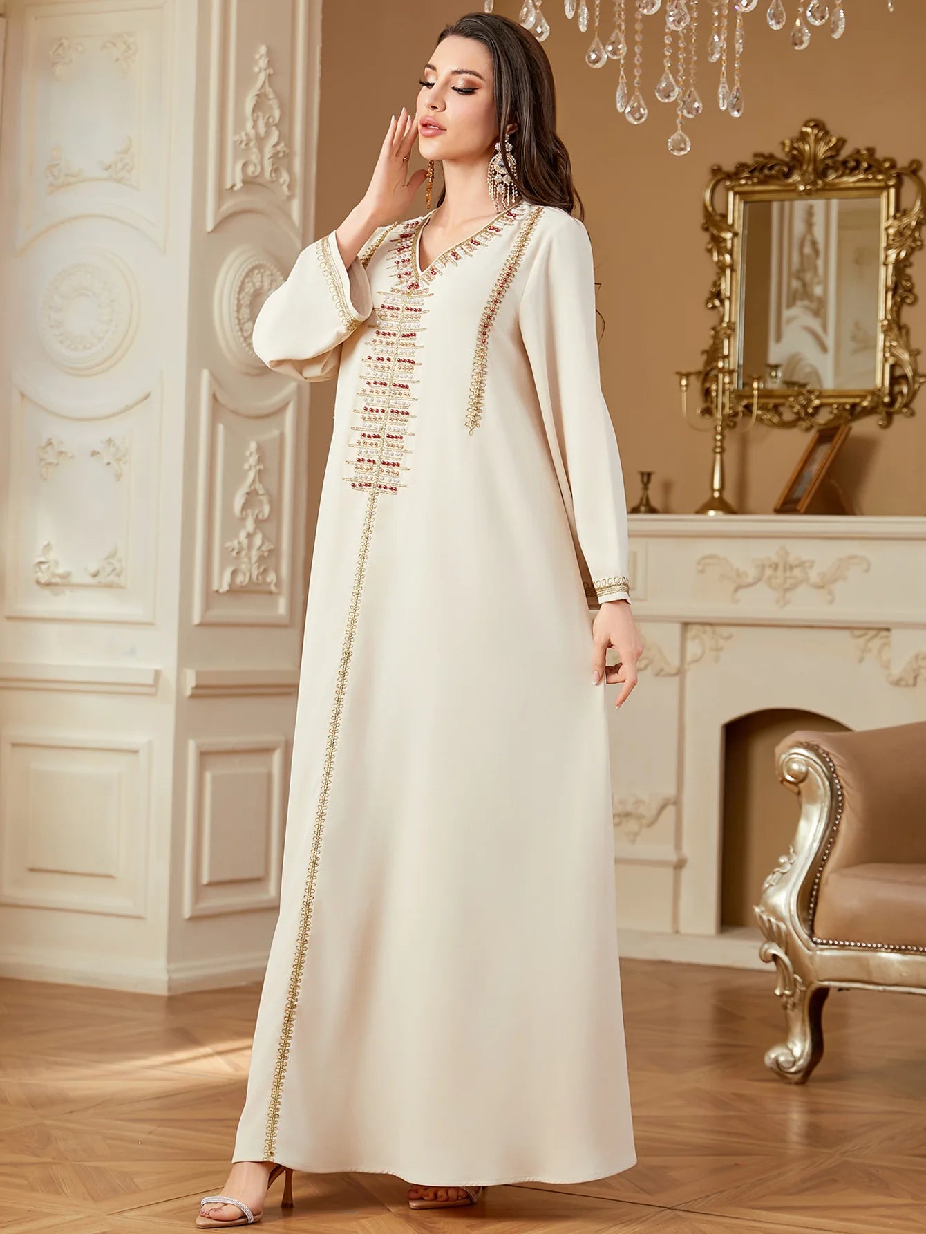 Elegant V-Neck Beading Embroidery Abaya For Muslim Woman 2025 Casual Loose Moroccan Saudi Dubai Kuwait Morocco Stylish Kebaya