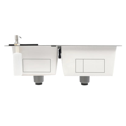 Doppelschüssel-Küchenspüle mit Seifenspender, Abflusskorb, Rohre, Edelstahl 304, 78 x 43 x 22 cm, zusätzliche Aufbewahrung für Restaurants