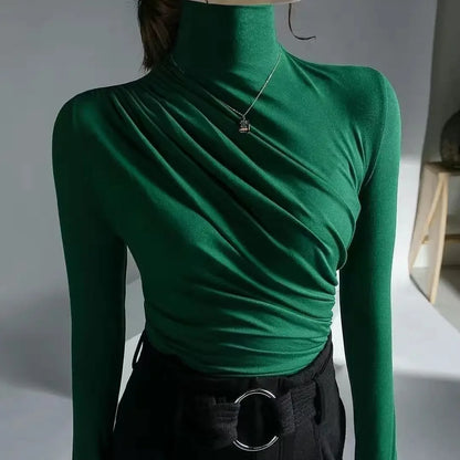Simplicity Office Lady Autumn/Winter Women's Solid Turtleneck Pleated Temperament Fashion Slim Long Sleeve Bottoming Shirt Tops.