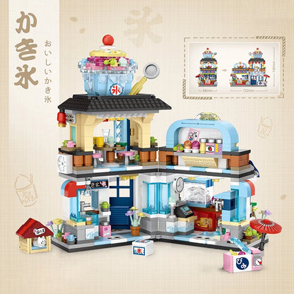 Street View Series Building blocks Izakaya Shaved Ice Shop Takoyaki Shop Coffee shop Panda Tea House model children's gift.