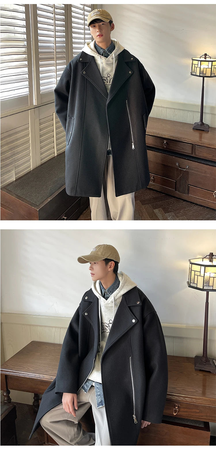 Winter Fashion Woolen Dust Coats Men Zipper Decor High Quality Korean Style Loose Casual Windbreaker Men's Thick Warm Trenchcoat.