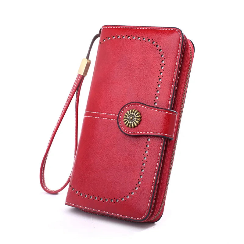 Fashionable new hollow out coin purse for women's oily leather phone bag, long zipper handbag,coin bag Triple fold ladies wallet