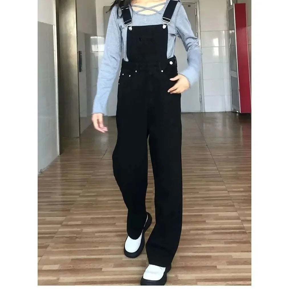 High Waist Wide Leg Jumpsuit Jeans Thin Strap Pants Korean Style Winter New Women's Loose Fit Trousers by None( AE Stock).