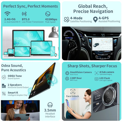 Odea S11 Tablet Android 14 Max 16GB RAM 256GB ROM T606 8-core 11 inch TDDI Tablets 4G VoLTE GPS 8000mAh Widevine L1 Type-C.