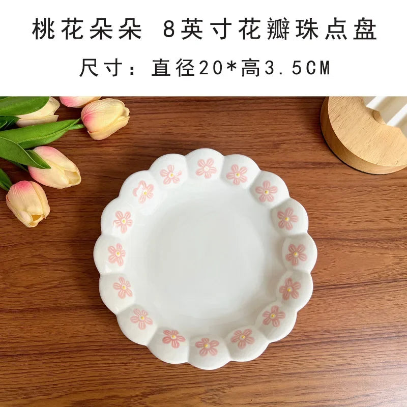 Irregular Ceramic Kitchen Tableware Lovely Pink Petal Household Ceramic Dinner Plate Lace Soup Plate  Deep Fruit Plate.