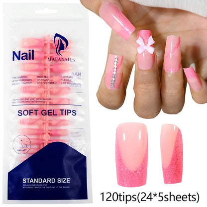 120Pcs=24*5 French Short Square Coffin False Nail White Pink Simple Wearable Fake Nails Glossy Full Cover Press on Nail Tips Art.