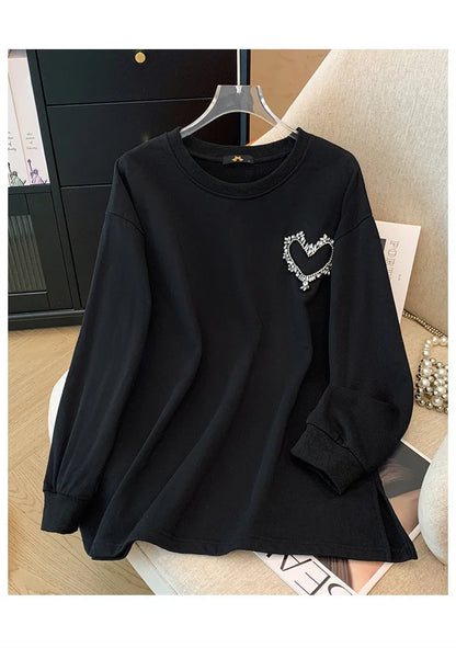 150 kg Übergröße Damen Büste 155 Frühling Herbst Lose Sweatshirt mit hellem Diamantherz Schwarz 5XL 6XL 7XL 8XL 9XL.