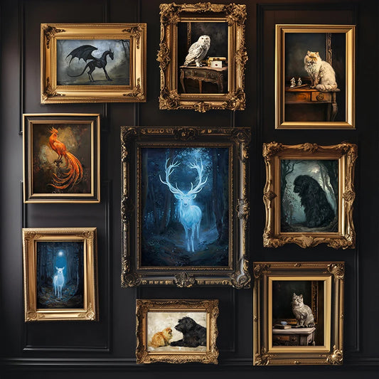 Vintage Dark Wizarding World Translucent Blue Doe Ginger Cat Desk Lion with Crown Posters Animals Canvas Paints Farm Home Decor.