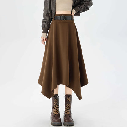 High Quality Irregular Woolen Skirt Women 2025 Autumn Winter New High Waist Slimming Midi Skirt Elegant A-line Faldas with Belt