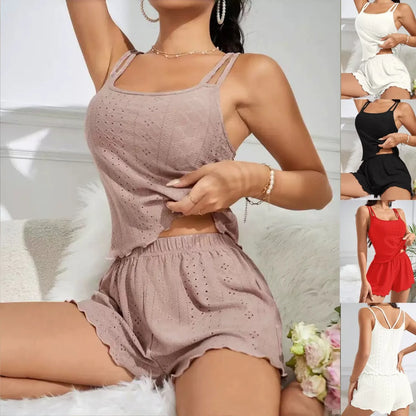 Sexy Aushöhlen Öse Stricken Pyjama Set Frauen Doppel Strap Cami Top Salat Saum Shorts Zwei Stück Sommer Loungewear Nachtwäsche Neue.