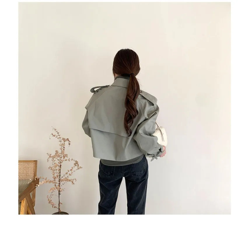 Vintage Zweireiher Graben Jacken Frauen Lose Chic Büro Dame Crop Tops Herbst Weibliche Mäntel Alle-spiel Lose Windjacke