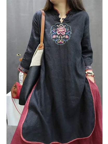 Damen-Bluse im Vintage-Stil aus Baumwolle und Leinen, mittellang, siebte Ärmel, Stickerei, ethnischer Rock mit lockerer Passform, chinesischer Stil