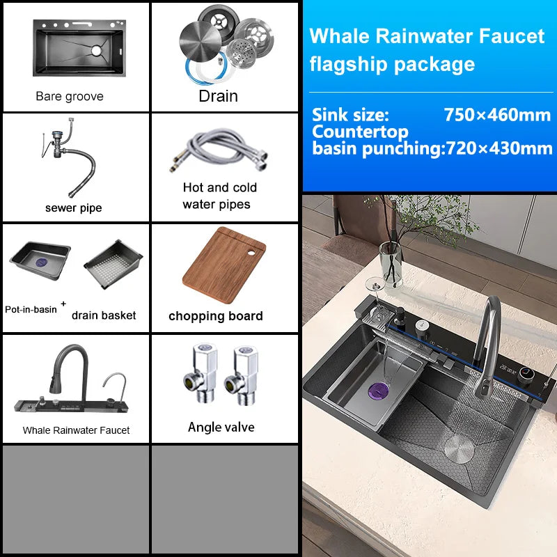Stainless Steel Silver Kitchen Sink Multifunction Waterfalls Intelligent Digital Display Faucet Household Large Single Slot