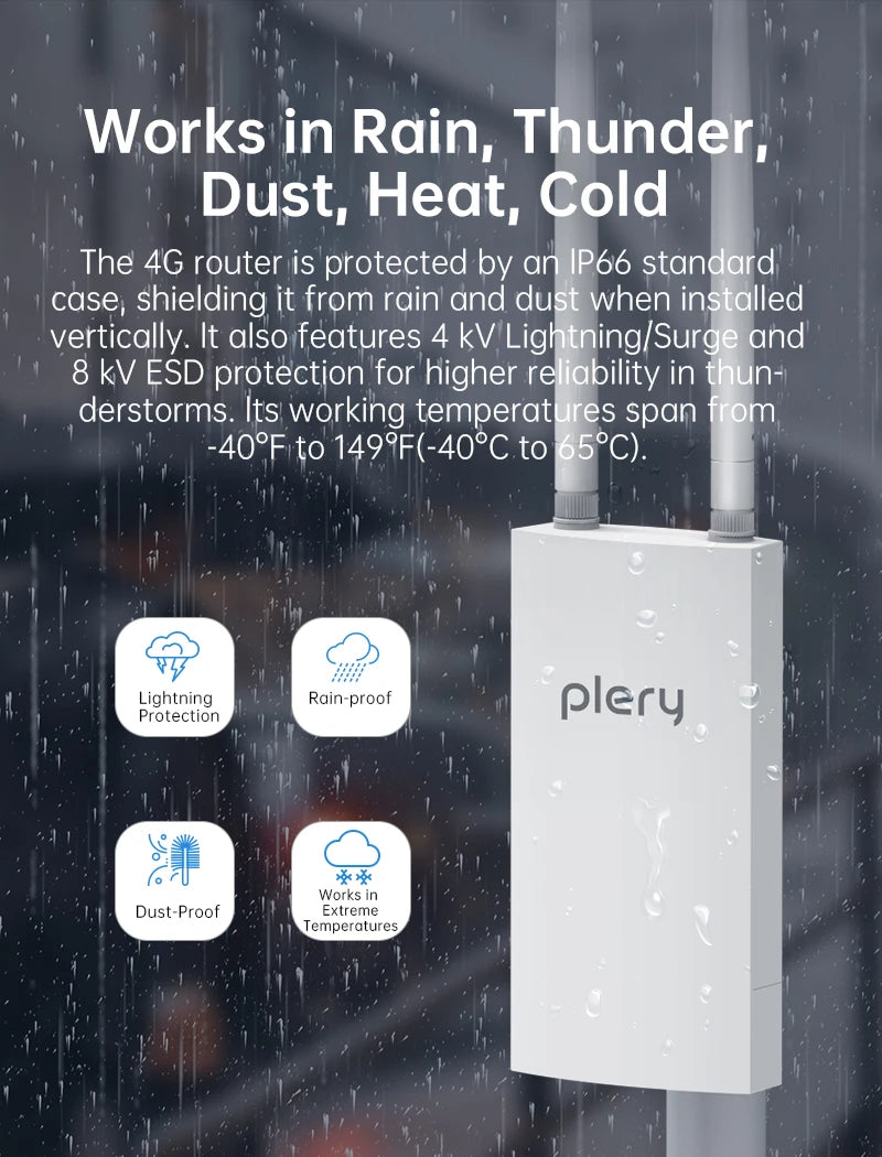 Plery IP66 CAT4 AX300 4G Router WiFi6 Outdoor Router For IP Camera/CPE 300Mbps Global LTE Router POE/DC Power 2*5dBi Antennas.