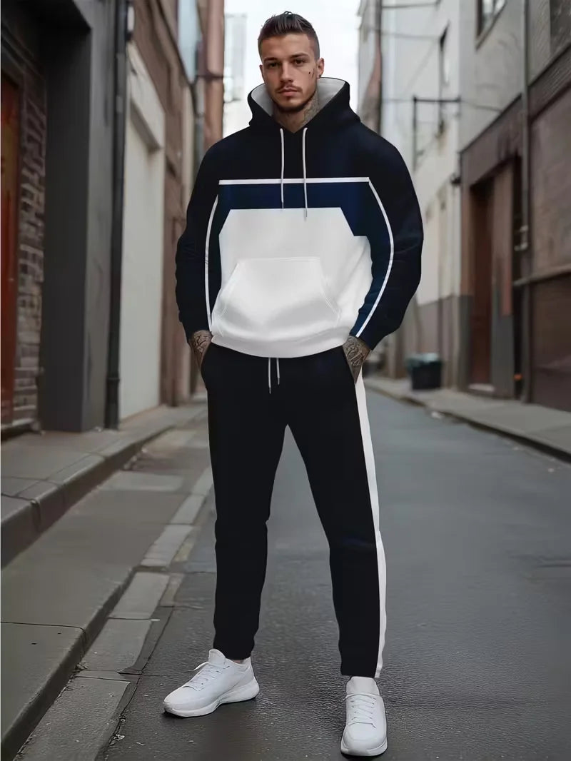 Autumn and Winter Casual Men's Sweatshirt Sets Fashion Striped Print Hoodies and Pants 2 Piece Outfit Outdoor Loose Sports Suit.