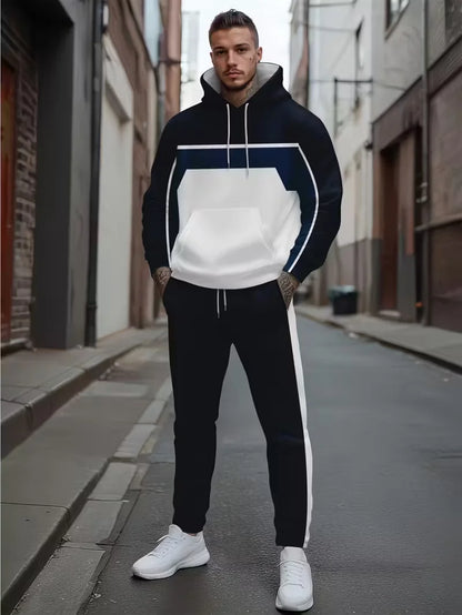 Autumn and Winter Casual Men's Sweatshirt Sets Fashion Striped Print Hoodies and Pants 2 Piece Outfit Outdoor Loose Sports Suit.