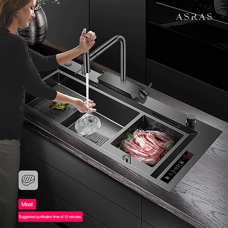 ASRAS Nanometer Smart Purifying Kitchen Sink Large Size Handmade Step Sink Smart Purifying Kitchen Island Sinks