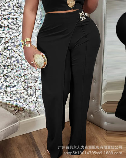 Two Pieces Women Pant Sets Casual Matching Sets Spliced Sleeveless Turn Down Collar Top Empire Waist Wide Leg Pant 2025 Autumn.