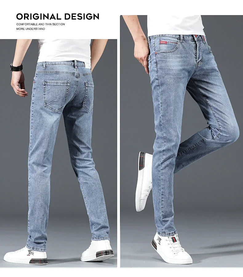2024 New Men's Cotton Business Casual Skinny Jeans Trendy Fashionable Stretch Straight Slim Denim Trousers Male Blue Grey.
