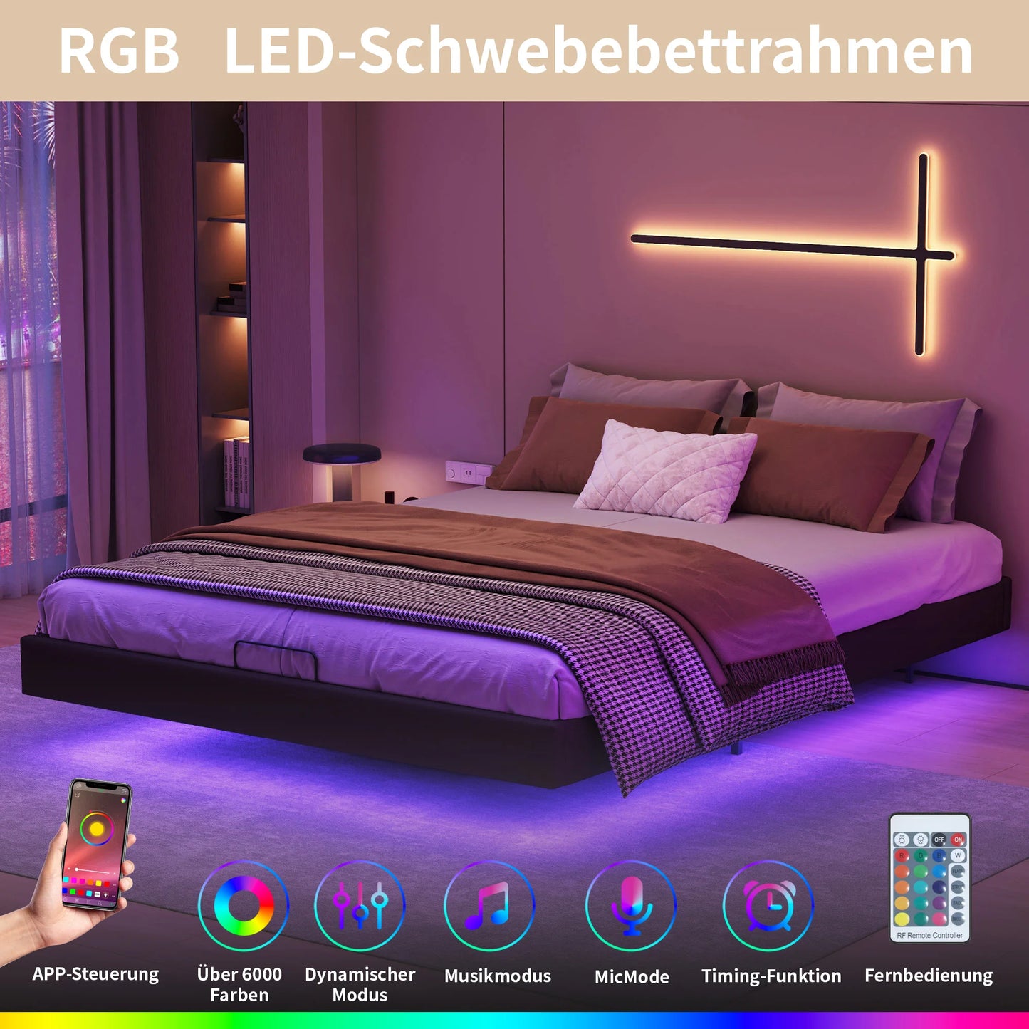 Lazyspace Bettgestell 160 x 200 cm mit LED-Beleuchtung und Stauraum, schwebender Bettrahmen mit Metalllattenrost, ohne Matratze