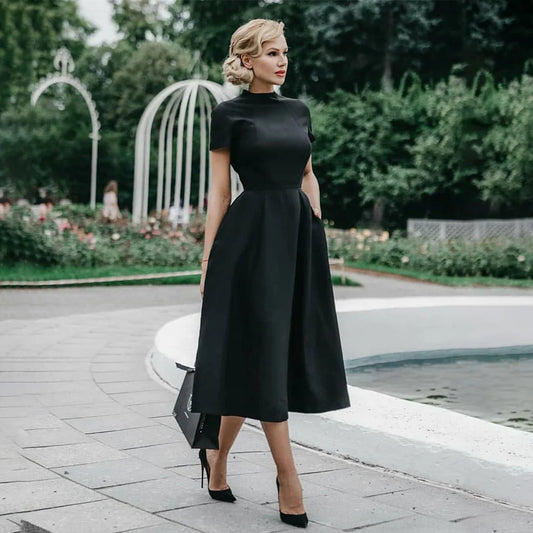 2022 frauen Elegante Schwarz Kleid der Halben Hohe Kragen Hohe Taille A-linie Kleider Slim Fit Midi Kleid Büro Dame Weibliche Feste vestidos.