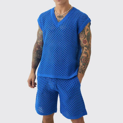 New Men's Summer Casual Knit V Neck Two-piece Sets Fashion Solid Loose Tank Tops and Shorts Sport Suit Men Hollow Out Streetwear.