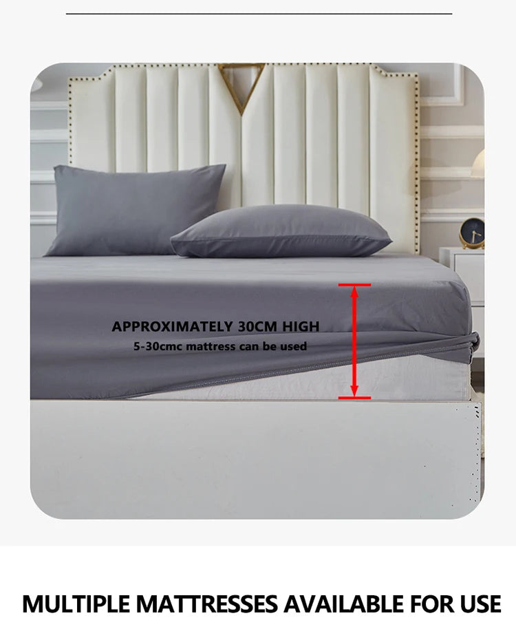 3/4pcs Solid Beding Set, Waterproof Fitted sheet & Bed Sheet & Pillowcases Soft, Queen, KIng, Full, Twin Size, White and Gray.