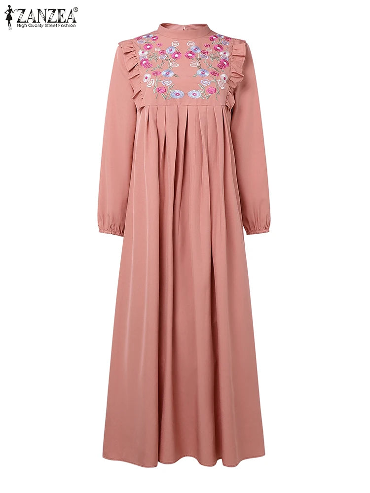 2025 Autumn Muslim Dresses Abaya ZANZEA Women Elegant Long Sleeeve Floral Dress Dubai Robe IsIamic Clothing Maxi Long Sundress.