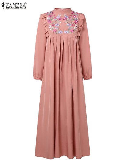 2025 Autumn Muslim Dresses Abaya ZANZEA Women Elegant Long Sleeeve Floral Dress Dubai Robe IsIamic Clothing Maxi Long Sundress.