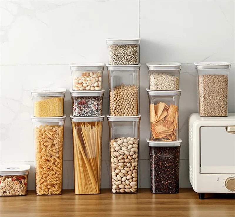 Square Hermetic Spices Candy Jars Kitchen Clear Food Storage Container Plastic Cereals Organizer Boxes Refrigerator Organizer.