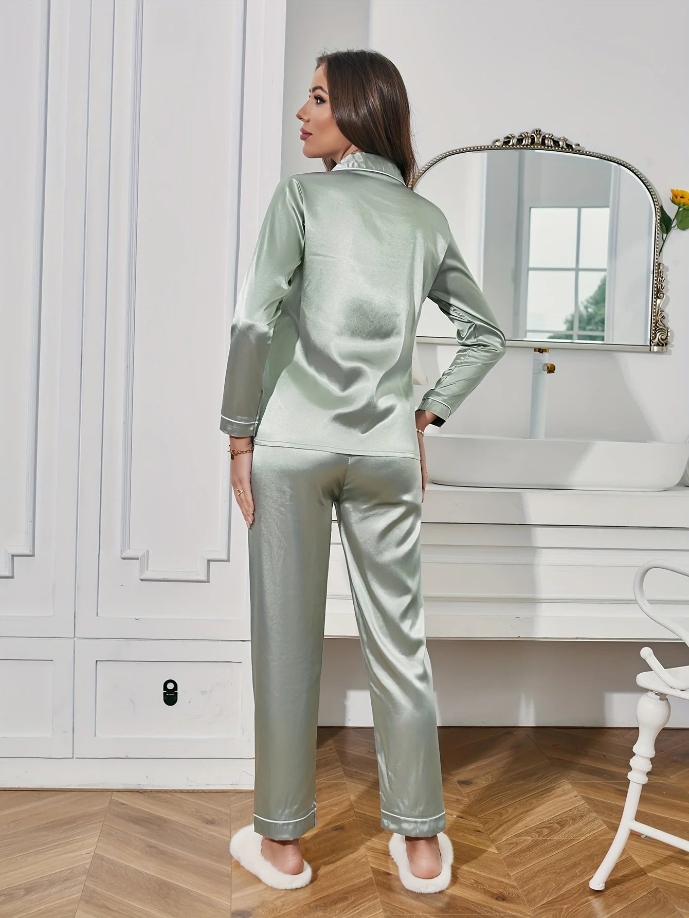 Solides Pyjama-Set mit langen Ärmeln, Knopfleiste, Revers, Oberteil und Hose, Pyjama-Set, Damen-Nachtwäsche und Loungewear