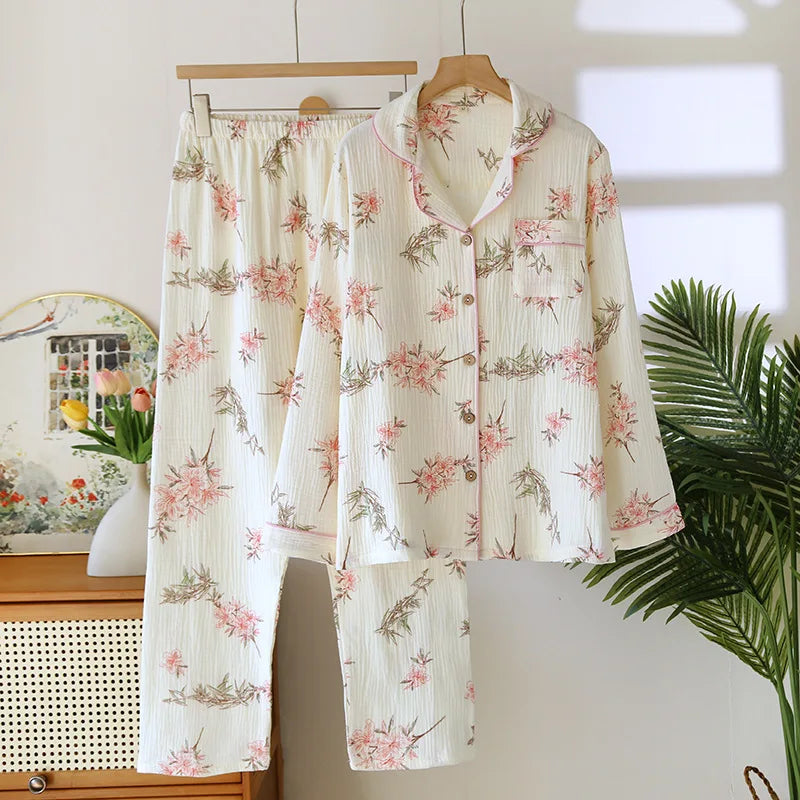 2025 neue Frühjahr/Sommer frauen Pyjama Set 100% Baumwolle Crepe Nette Liebe Langarm Lange Hosen Zwei Stück set Strickjacke Hause Kleidung