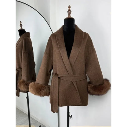 2025 Autumn Winter Chic Lapel Plush Coat With Belt Women Vintage Faux Fur Sleeve Tweed Open Coats Female Casual Street Outwear.