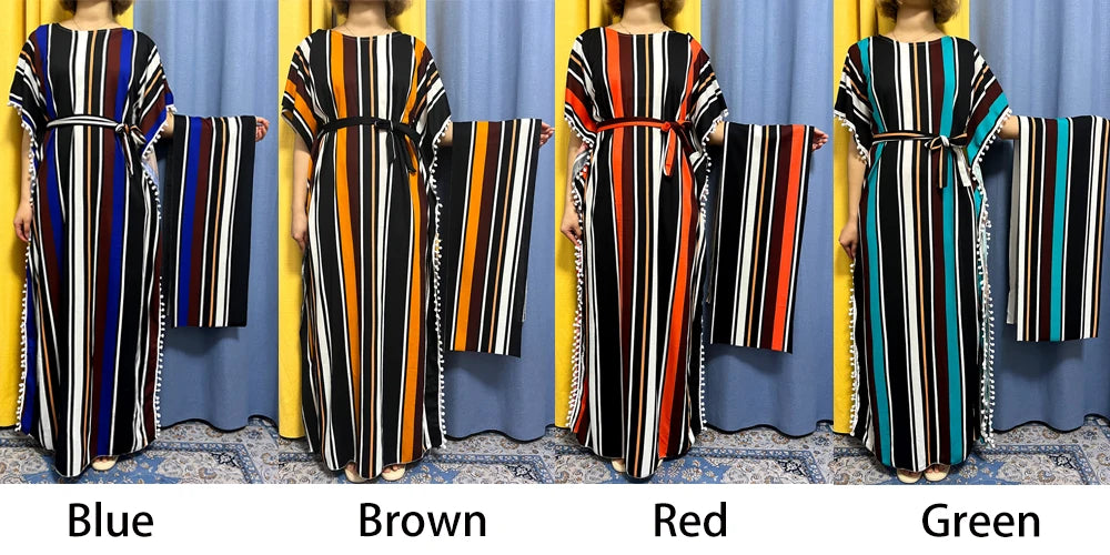 Abayas For Women 2024 Printed Vertical Stripe Tassels Elasticity Loose Fit Femme Robe African Woman Dresses With Belt Headscarf.