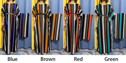 Abayas For Women 2024 Printed Vertical Stripe Tassels Elasticity Loose Fit Femme Robe African Woman Dresses With Belt Headscarf.